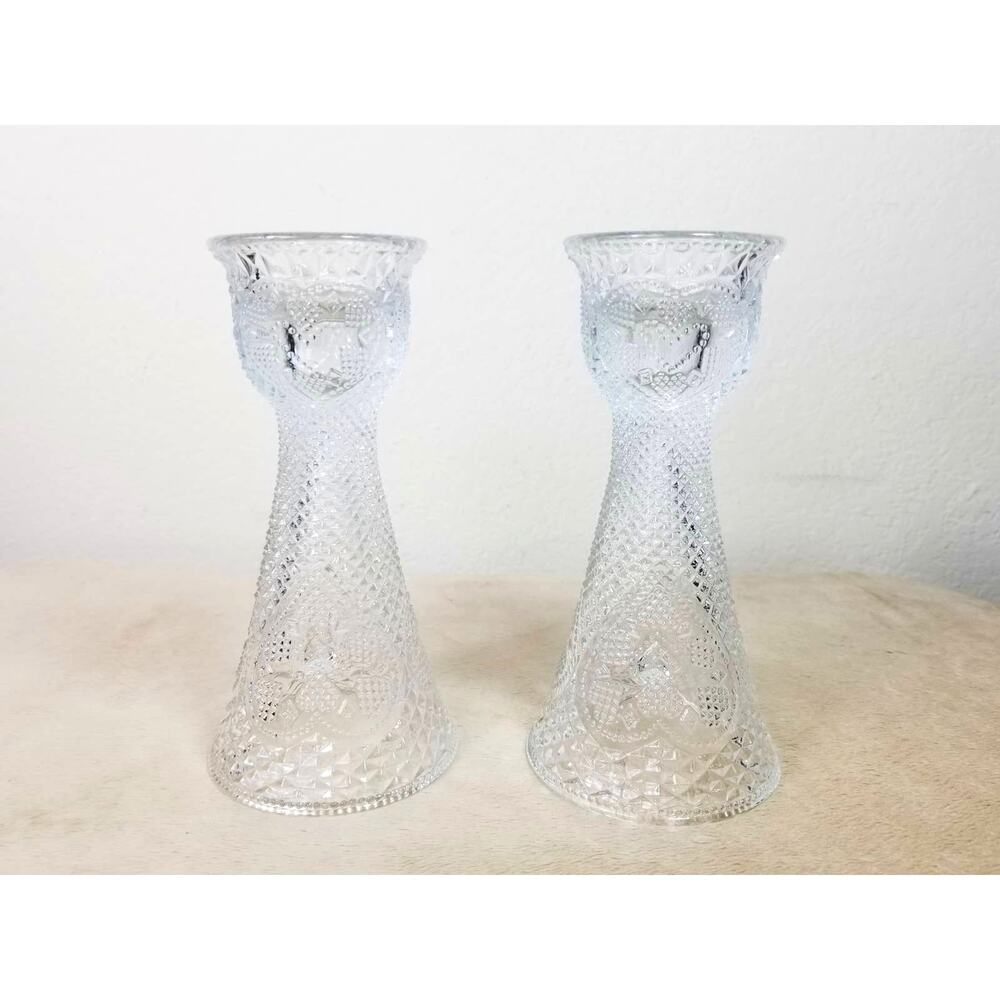 Avon Fostoria Candle Holder 1979 Clear Glass 7 1/2" Accent Diamonds Hearts x2
